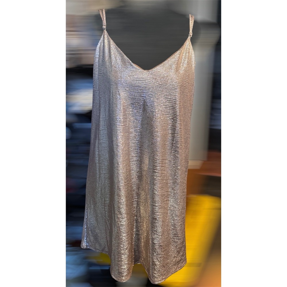 Libby Story Shimmery Silver Night Out Mini Dress Spaghetti Strap Small